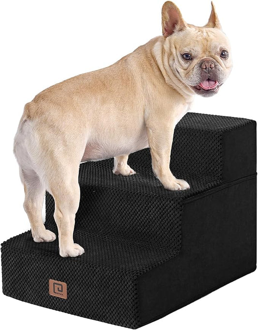 EHEYCIGA Dog Stairs for Small Dogs 13.5" H, 3-Step Dog Steps for Couch Sofa and Chair, Pet Steps for Medium Cats, Non-Slip Balanced Pet Ramp Indoor, Black-PawvioPets