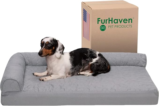 Furhaven Cooling Gel Dog Bed for Medium/Small Dogs w/ Removable Bolsters & Washable Cover, For Dogs Up to 35 lbs - Pinsonic Quilted Paw L Shaped Chaise - Titanium, Medium-PawvioPets