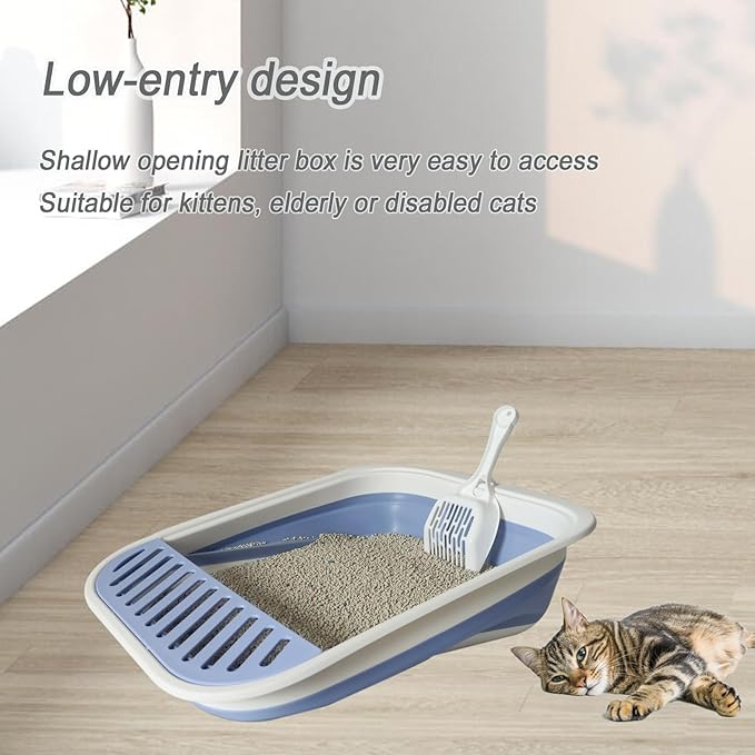 Collapsible Small Cat Litter Box,Kitten Open Potty Pan with Scoop Cat Toilet with Falling Sand Pedal Low Entrance Foldable Kittens Travel Litter Box Blue-PawvioPets
