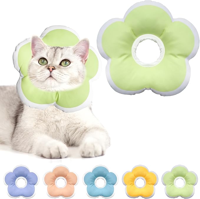Cat Cone Collar Soft, Waterproof Cats Cones to Stop Licking After Surgery, Adjustable Soft Elizabeth Cats Collars for Wound Healing, Flower Shape Cat Recovery Collar (Green, Medium)-PawvioPets
