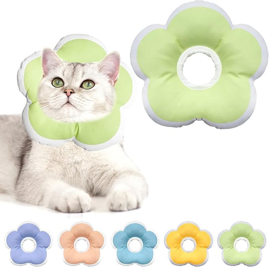 Cat Cone Collar Soft, Waterproof Cats Cones to Stop Licking After Surgery, Adjustable Soft Elizabeth Cats Collars for Wound Healing, Flower Shape Cat Recovery Collar (Green, Medium)-PawvioPets