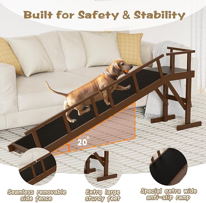 73" Dog Ramp for Bed, Pet Ramp with Removable Side Rail and Non-Slip Surface, Pet Ramp for Small & Large & Senior Dogs with Rest Platform and DIY Glow Strips,Dog Stairs for Couch, Brown-PawvioPets