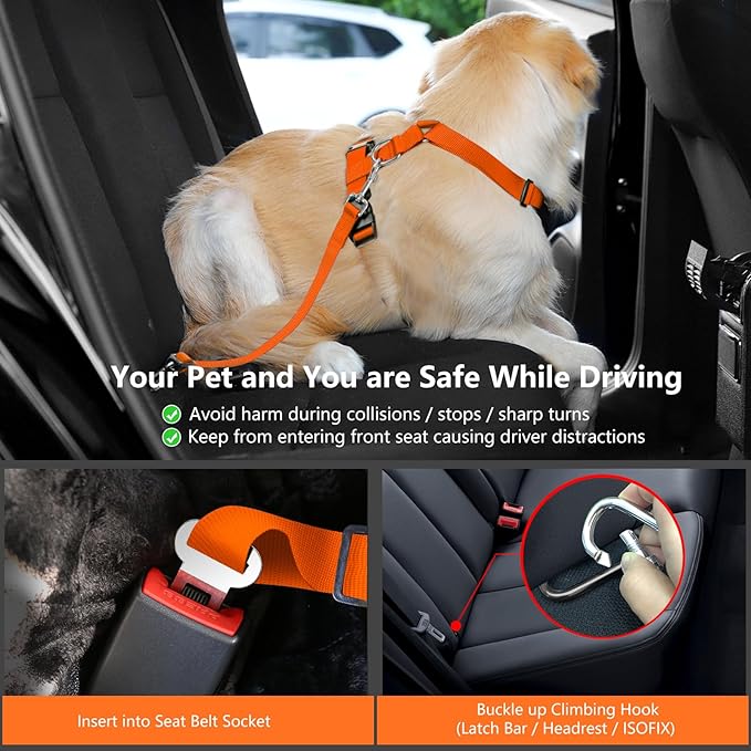 Dog Seat Belt, Safety Vest Dog Car Harness with Adjustable Buckle Dog Seat Belt for Vehicle Nylon Pet Safety Seat Belts Heavy Duty(S, Orange)-PawvioPets