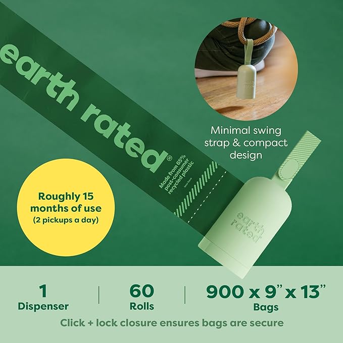 Earth Rated Dog Poop Bag Holder, Durable and Guaranteed Leakproof, Lavender Scented, 1 Dispenser and 900 Bags-PawvioPets