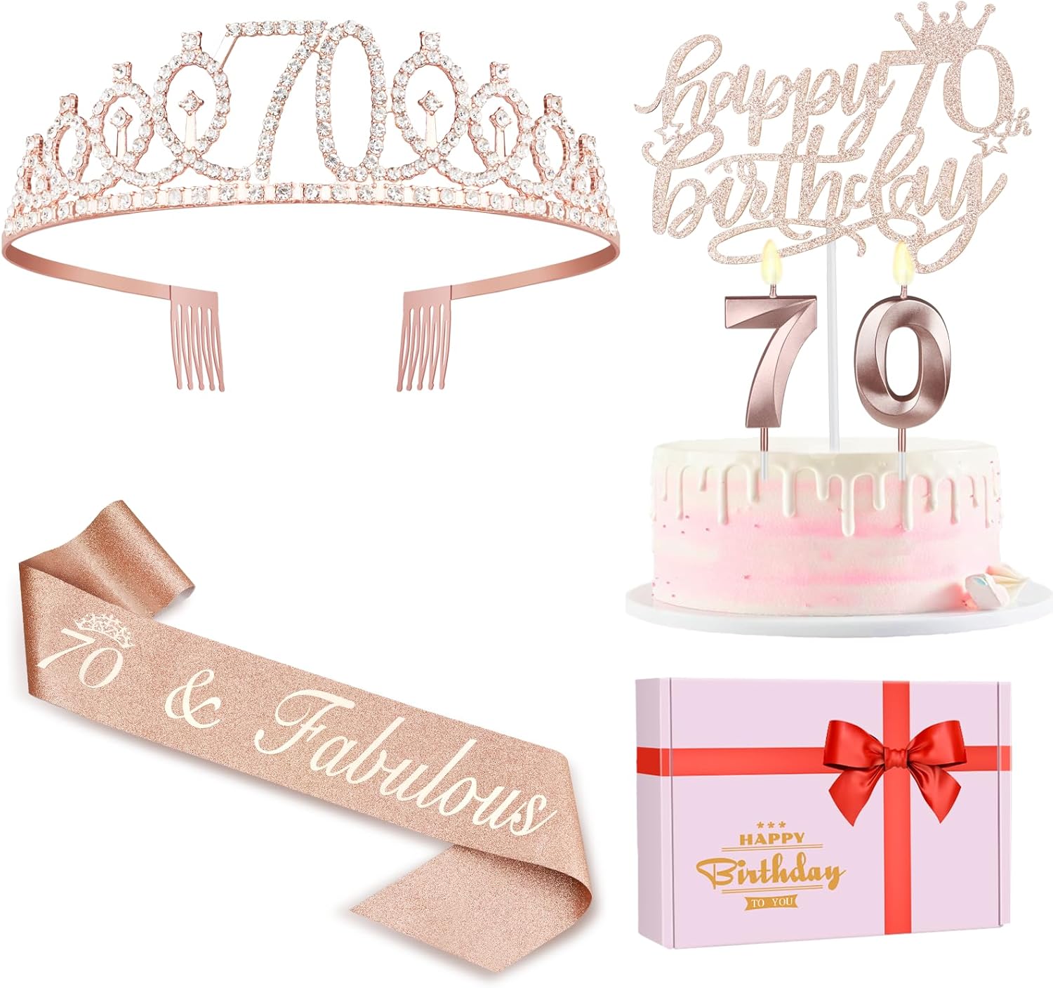 70th Birthday Decorations for Women, Including Sash, Crown/Tiara, Candles, Cake Topper, 70th Birthday Gifts for Women