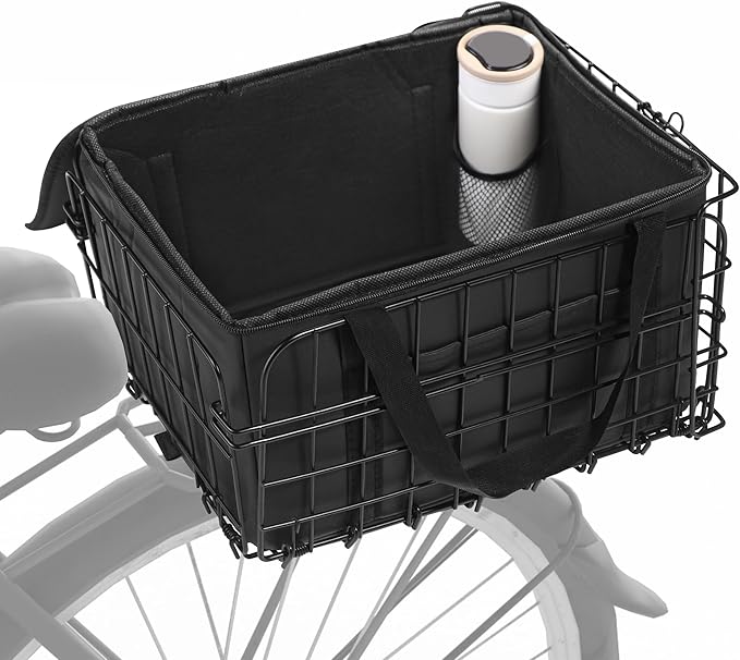 Aodaer Bike Basket with Removable Liner Bag Cargo Net Large Folding Bike Basket Quick Release Metal Ebike Basket Bicycle Storage Basket for Carrying Fruit & Grocery Pets Dogs-PawvioPets
