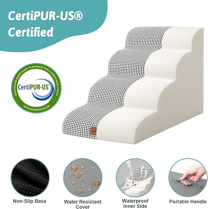 Dog Stairs for Small Dogs 19.7" H, Curved Dog Step for Puppy, Older or Cat, Medium Pet Ramp for Sofa, Couch or Bed, Ladder with High Density Foam, 15.7x28.3x19.7 inch, 4 Step, White Black-PawvioPets