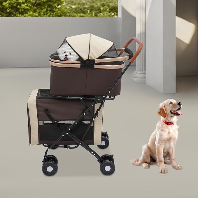 Foldable Pet Stroller for Small & Medium Dogs, Double Dog & Cat Stroller with 3-in-1 Travel System, Detachable Pet Carrier with Wheels for Cats and Dogs up to 77 lbs, Coffee Color-PawvioPets