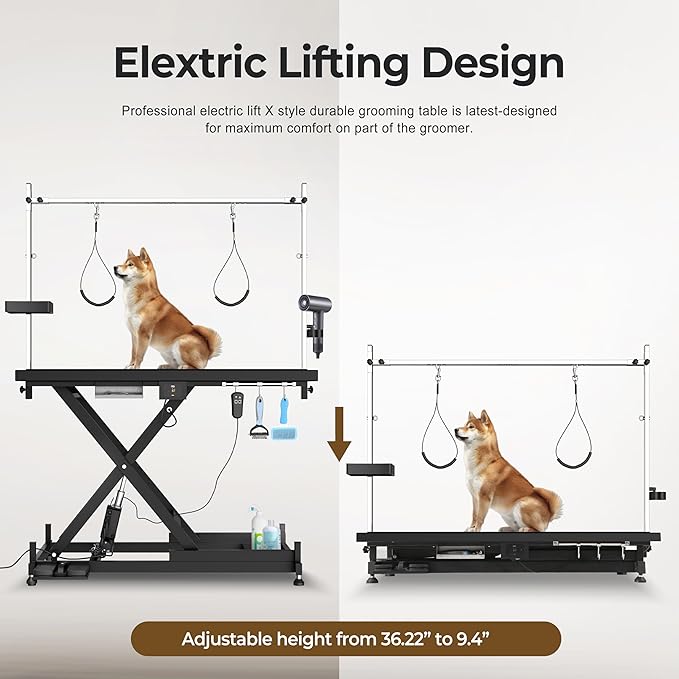 Electric Pet Grooming Table for Large Dogs - Professional Heavy Duty Height Adjustable Pet Grooming Station with Anti Slip Tabletop, Two Nooses & Tool Organizer, Maximum Capacity Up to 250 lbs Black-PawvioPets
