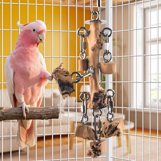 Bird Toys for Parrots, Durable Wooden Large Birds Toy with Stainless Steel, Hanging Natural Chew Hardwood Blocks for Macaws, African Greys, Amazon Parrot, Cockatoos and Small Medium Parakeets-PawvioPets