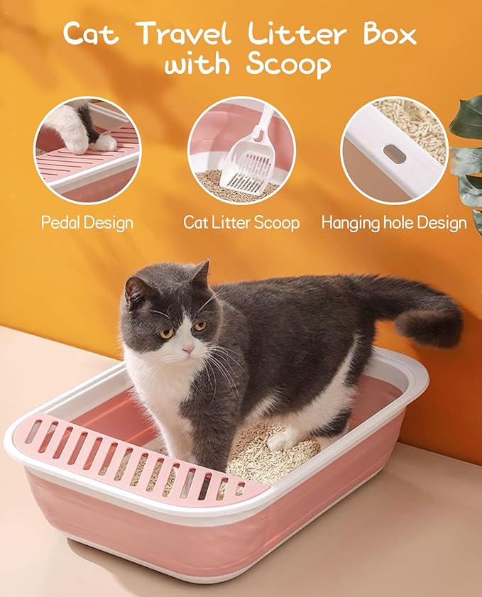 BNOSDM Senior Cat Litter Box Low Entry Kittens Travel Litter Box with Scoop Open Collapsible Shallow Cats Potty Pan Foldable Pet Toilet for Sick Disabled Older Elderly Cats Pink-PawvioPets