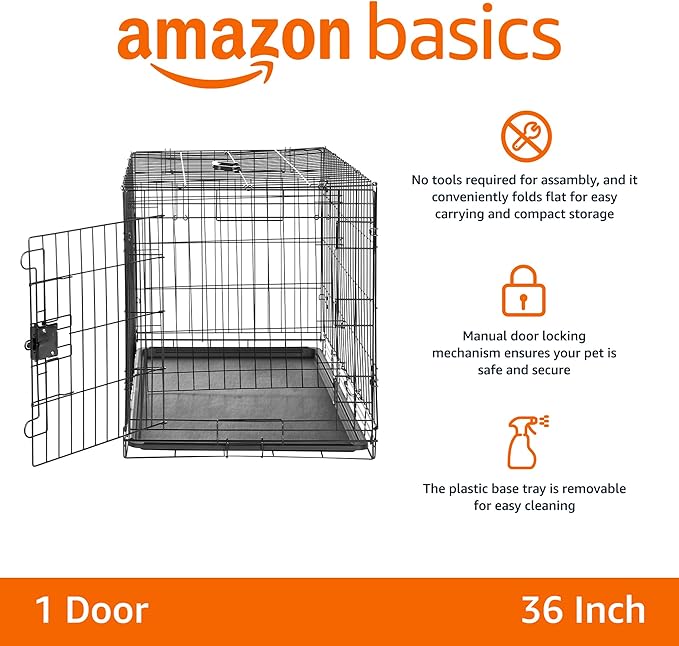 Amazon Basics Durable, Foldable, Collapsible, Portable Metal Wire Dog Crate with Tray, Single Door with Divider Panel, Easy to Assemble & Clean, 36 x 23 x 25 in, Black-PawvioPets