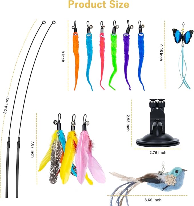 Cat Feather Toys, 14PCS With 2 Slots Super Suction Cup, Detachable 2PCS Wand & 11PCS Replacement Teaser Refills With Bell, Interactive Toy for Indoor Cats Kitten Play Exercise-PawvioPets