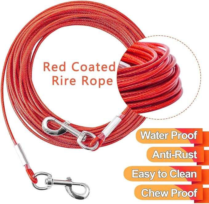 10FT Heavy Duty Dog Tie Out Cable for Large Dogs up to 125lbs, Durable Runner Tether Line (Red)-PawvioPets