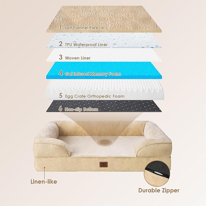 EHEYCIGA Orthopedic XL Dog Beds, Waterproof Memory Foam Dog Bed for Extra Large Dogs, Non-Slip Bottom and Egg-Crate Foam Big Pet Couch Bed with Washable Removable Cover, Graige-PawvioPets
