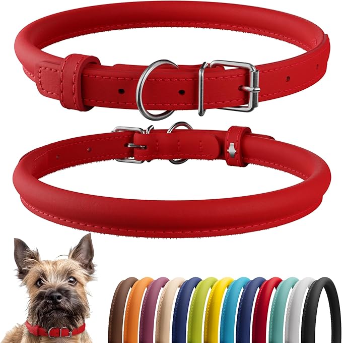 CollarDirect Rolled Leather Dog Collar, Soft Padded Round Puppy Collar, Handmade Genuine Leather Collar Dog Small Large Cat Collars 13 Colors (6 Inch, Red Smooth)-PawvioPets