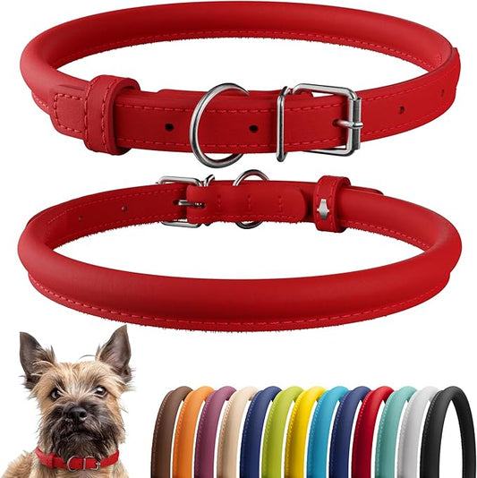 CollarDirect Rolled Leather Dog Collar, Soft Padded Round Puppy Collar, Handmade Genuine Leather Collar Dog Small Large Cat Collars 13 Colors (6 Inch, Red Smooth)-PawvioPets