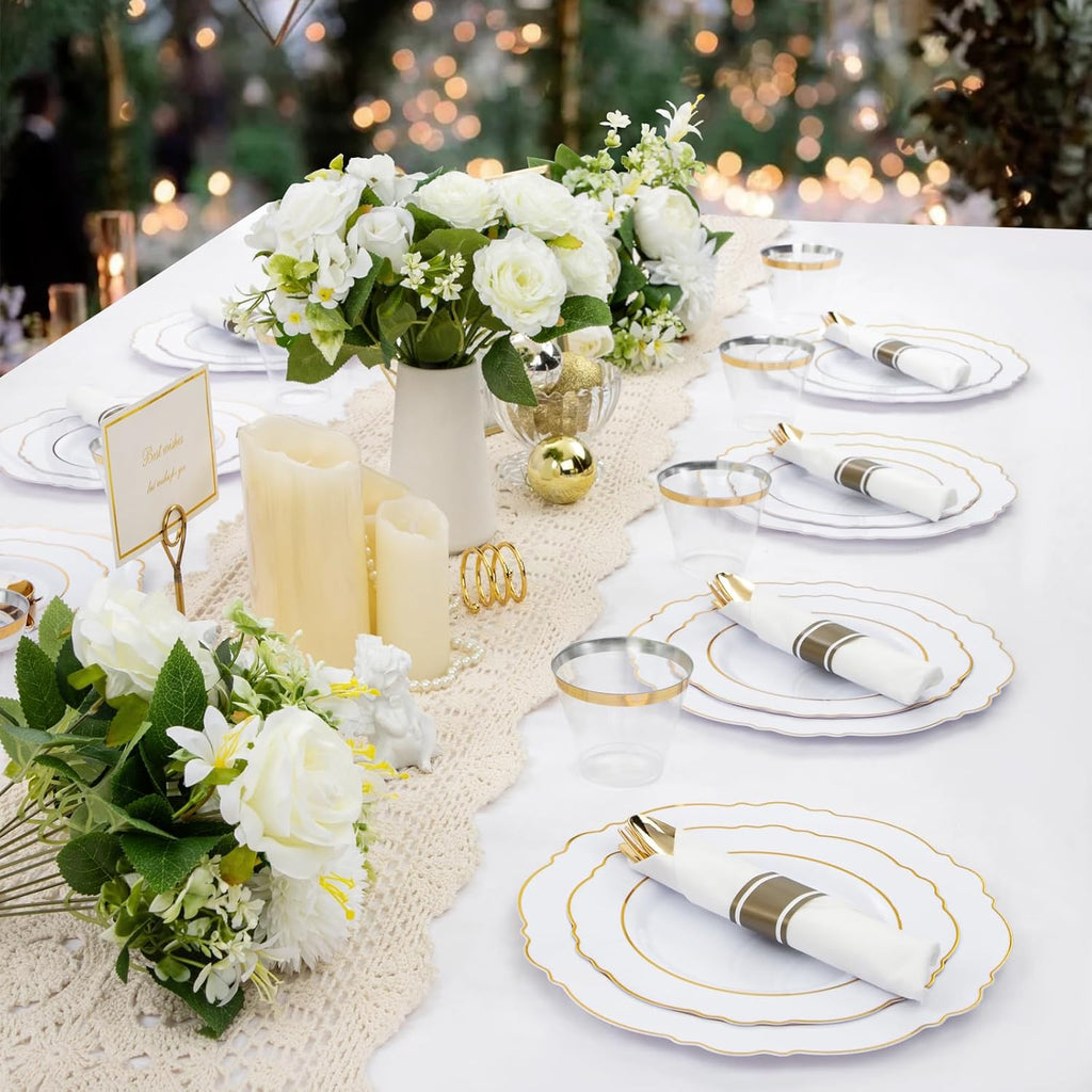 Liacere 350PCS Gold Plastic Plates-Disposable White and Gold Plates 50guest Baroque Plastic Dinnerware include 100Plates, 50Pack Pre Rolled Napkins with Silverware 50Cups for Wedding&Thanksgiving