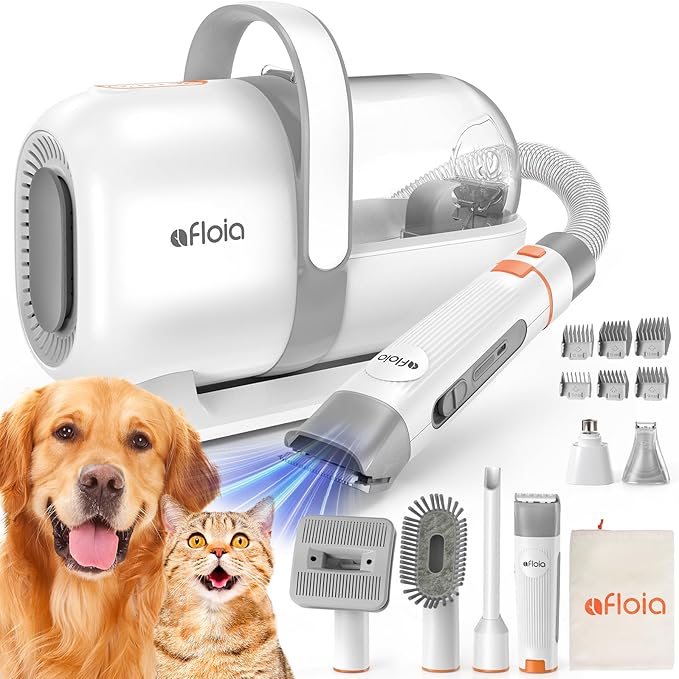 Afloia 6-in-1 Dog Grooming Kit, Pet Grooming Vacuum for Shedding, Dog Hair Vacuum with Clipper Nail Trimmer Grinder, Pet Brush Groomer at Home, Low Noise Cats Hair Remover, 1.5L Dust Cup, White-PawvioPets