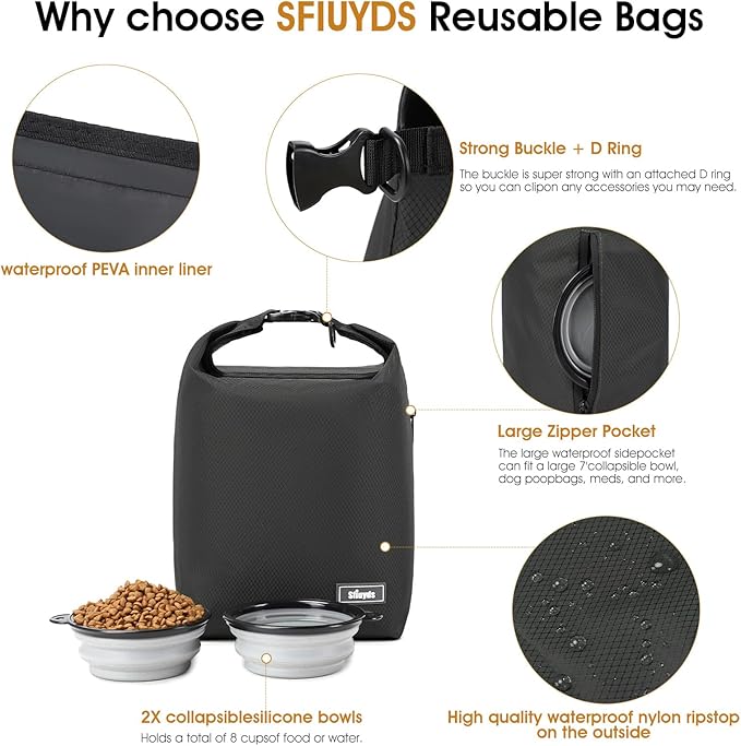 Dog Food Travel Bag,40-Cup Pet Food Storage Containers with 2PCS Collapsible Dog Travel Bowls,Waterproof Kibble Storage Container(Black, Large)-PawvioPets