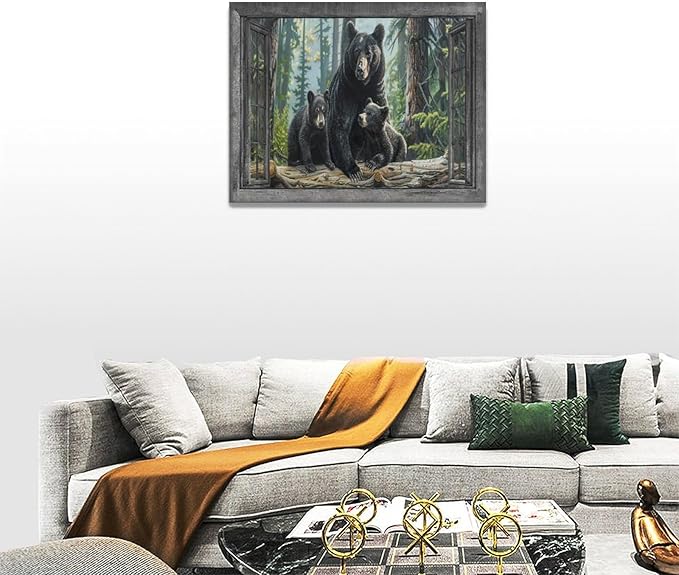 Black Bear Wall Art Forest Window Canvas Cabin Living Room Pictures Prints Animal Wall Decor Painting Artwork for Bedroom Dining Office Home 16"x12"-PawvioPets