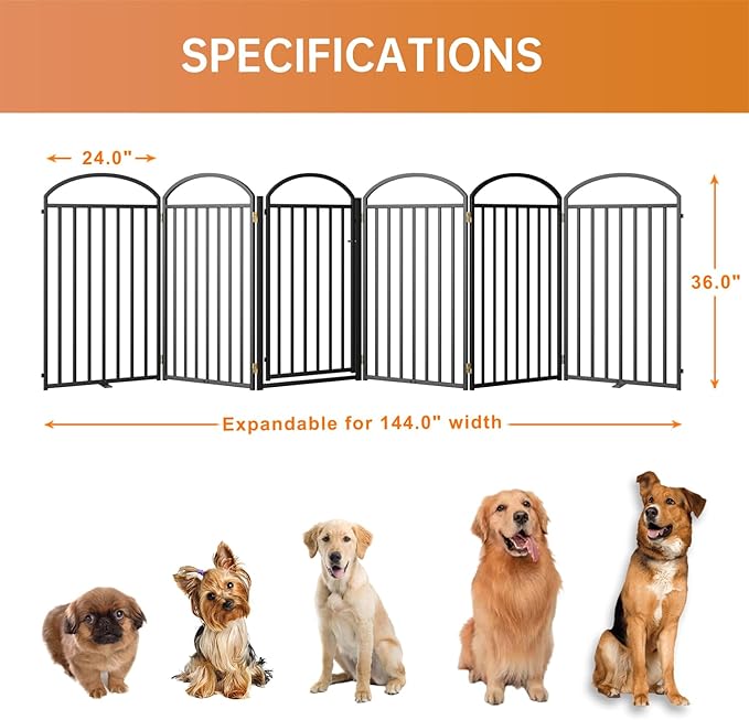6 Panles Full Matel Freestanding Dog Gates with Door, 144"Extra Wide 36"Tall Free Standing Dog Pet Gate for Indoor & Outdoor. Foldable Pet Fences for Doorways, House, Stairs, Porch, Deck, Yard-PawvioPets