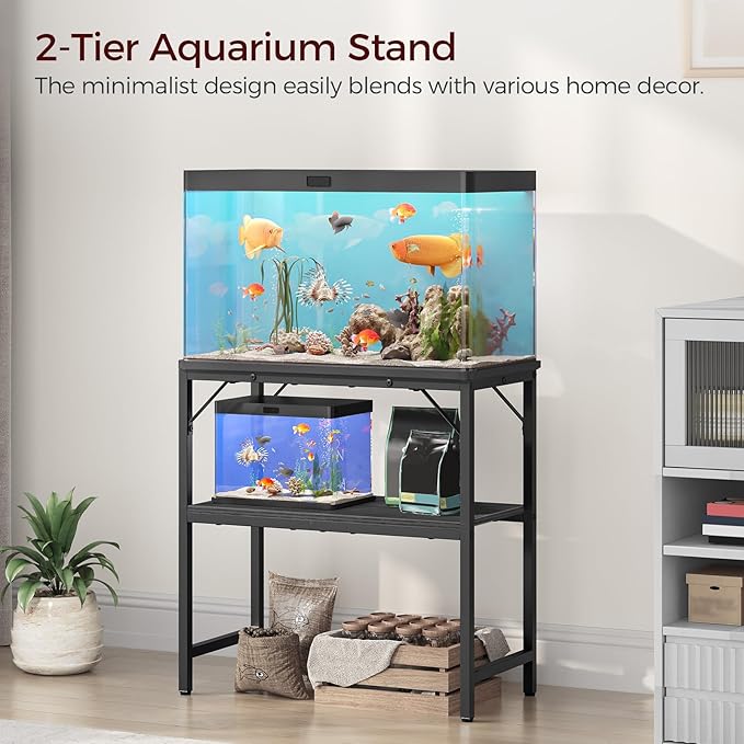 20 Gallon Fish Tank Stand, Aquarium Stand with 2-Tier Storage Shelves, Heavy Duty Breeder Turtle Terrarium Stand Rack for Home Office, 24.0" L x 11.8" W x 24.4" H, Black FTBK2001-PawvioPets