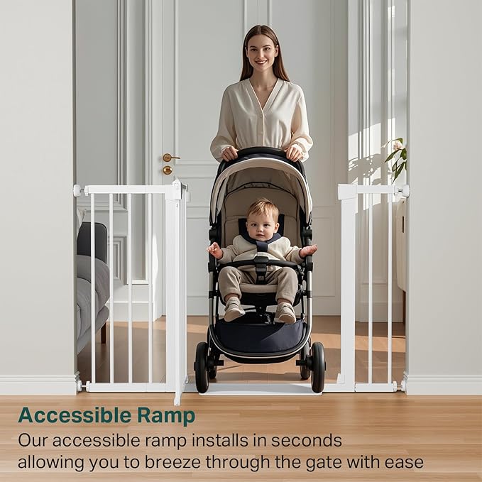 Cumbor 2 Pack 29.7"-48" Baby Gate for Stairs, Mom's Choice Awards Winner-Dog Gate for Doorways, Pressure Mounted Auto-Close Pet Gates for Dogs Indoor, Safety Child Gate with Easy Walk Thru Door,White-PawvioPets