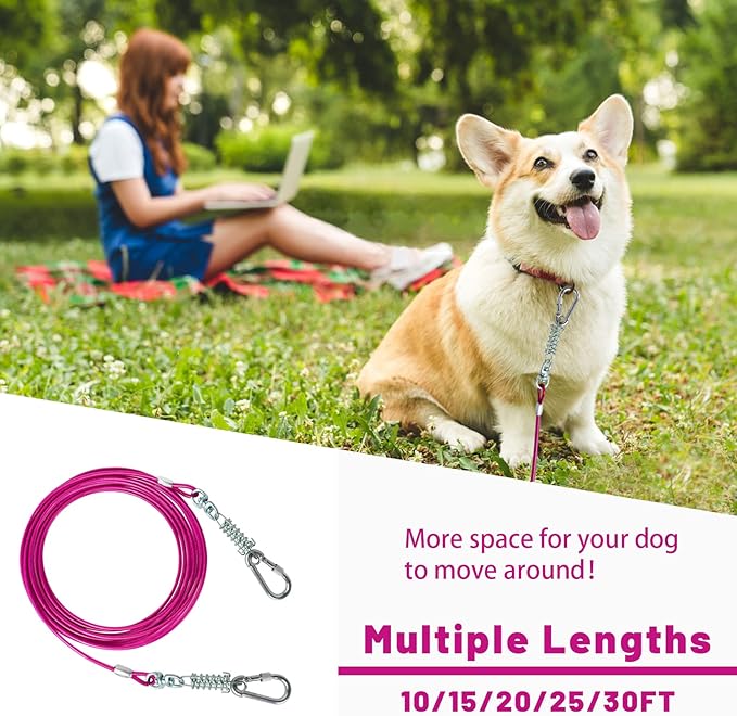 Dog Tie Out Cable 10/15/20/25/30FT Dog Run Cable Rosy Pink/Blue/Purple/Silver/Red/Green/YellowTie Out Cable for Large Dogs Heavy Duty for Outside Hold Large Dogs Up to 250LBS-PawvioPets