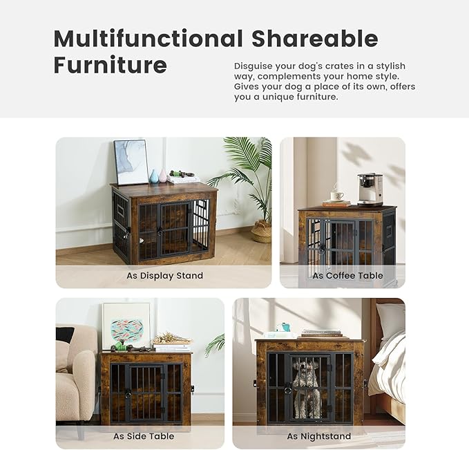 Gardner Pet Dog Crate Furniture for Medium Dogs, 32.7 Inch Dog Kennel Indoor, Wooden Dog Cage End Table with 2 Removable Bowls, Heavy Duty Dog Crate, Rustic Brown-PawvioPets