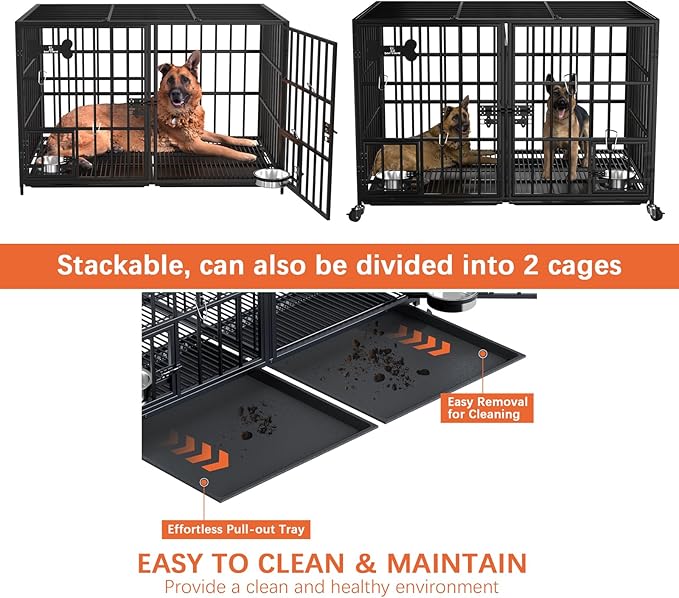aboxoo 42 inch Stackable Heavy Duty Metal Dog Crate for 4 Dogs/Large Dog,All Metal Open Top Access,Escape Proof Cage,Dog Kennel Indoor with Wheels,Floor Grid, Tray, Divider and Feeding Bowl-PawvioPets