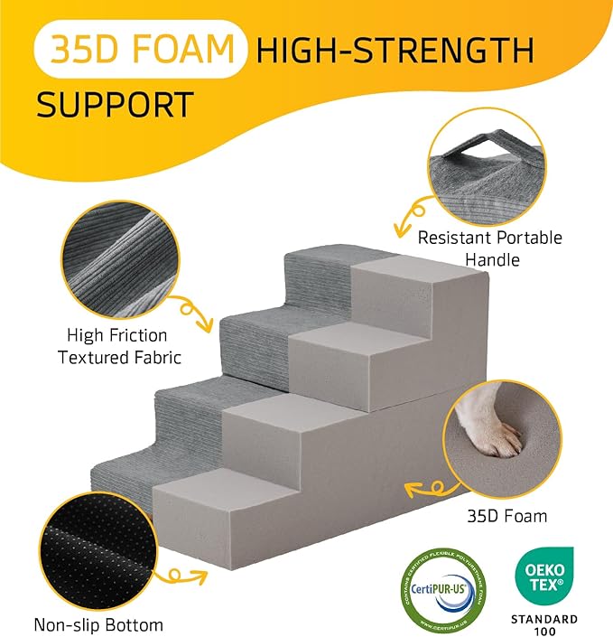 Dog Stairs for High Bed, Dog Steps for Bed Couch Sofa, 35D Foam Extra Wide Pet Steps for Small Dogs and Cats, Pet Stairs with Non-Slip Bottom Grey, 2 Steps-PawvioPets