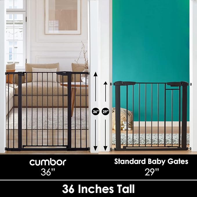 Cumbor 36" Extra Tall Baby Gate for Dogs and Kids with Wide 2-Way Door, 29.7"- 46" Width, and Auto Close Personal Safety for Babies and Pets, Fits Doorways, Stairs, and Entryways, Black-PawvioPets