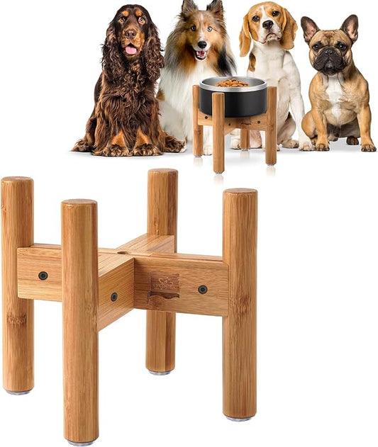 Dog Bowl Stand for Medium Breeds - Raises Bowls to 9-inch High, Ants/Bugs-Off - Adjustable, Fits Various Sizes of Dog Food/Water Bowls and Slow Feeders - Bamboo-PawvioPets