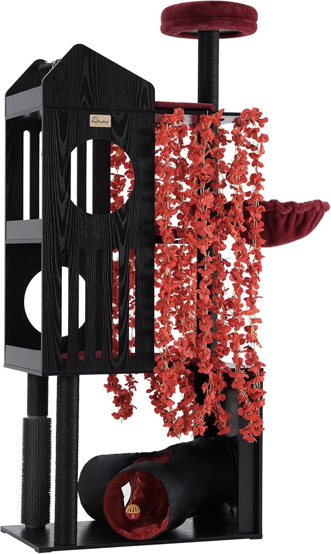 FourFurPets Gothic Cat Tree, 67" Cat Tower for Indoor Cats, Maine Coon Cat Tree for Large Cats 20 lbs+ with Extra-Large Padded Platform, Sisal-Covered Scratching Posts, Comfy Basket, Black & Red-PawvioPets