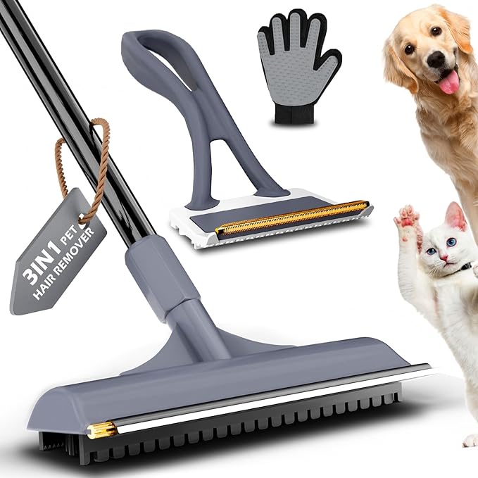3 in 1 Carpet rake Kit for Pet Hair Removal Tool - Reusable Pet Hair Remover Broom w 58" Adjustable Long Handle, Dog & Cat Carpet Scraper, Pet Hair Remover for Rugs, Mats, Couch, Curtains(Gray)-PawvioPets