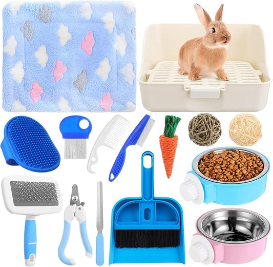 15 Pcs Rabbit Starter Kit Small Rabbit Litter Box Animal Grooming Kit Bunny Toys Bowl Blankets with Cleaning Set for Guinea Pig Accessories(Multicolor)-PawvioPets