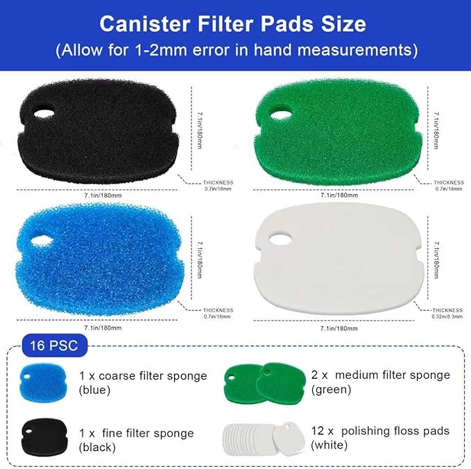 16 PCS Replacement Canister Filter Pads Compatible with SUNSUN HW-302/505A Polar Aurora 265 GPH CF-300, Aquarium Filter Sponge Pad Fish Tank Bio Floss Media-PawvioPets