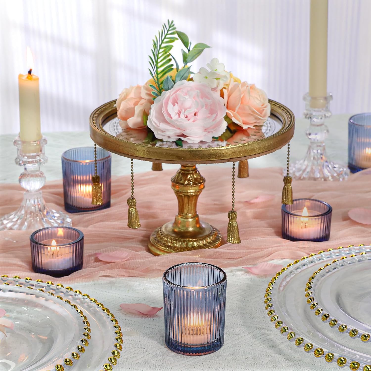 24 Pcs Ribbed Votive Candle Holders, Dark Blue Glass Holders Bulk for Table Centerpiece, Tealight Holders Glass for Wedding Shower, Party and Home Decor