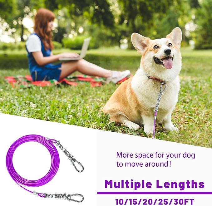 Dog Tie Out Cable - 10/15/20/25/30FT Heavy Duty for Large Dogs Up to 250LBS - Rosy Pink/Blue/Purple/Silver/Red/Green/Yellow-PawvioPets