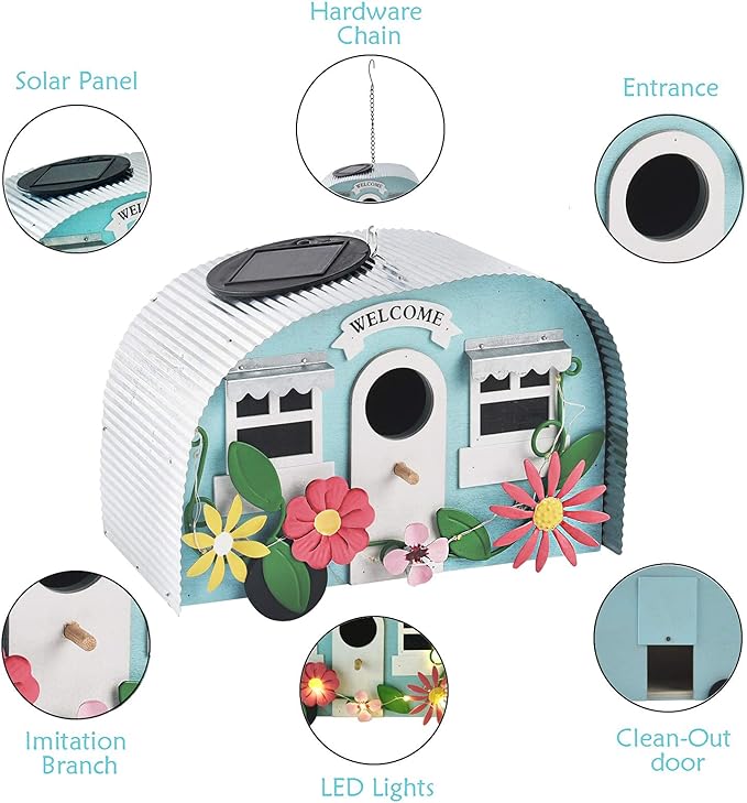 BAYN Bird Houses for Outside Decorative with 10 LEDs Solar String Lights Humming Bird Houses for Outside Hanging Handwork Bird Nest Garden Decor Outdoor-PawvioPets