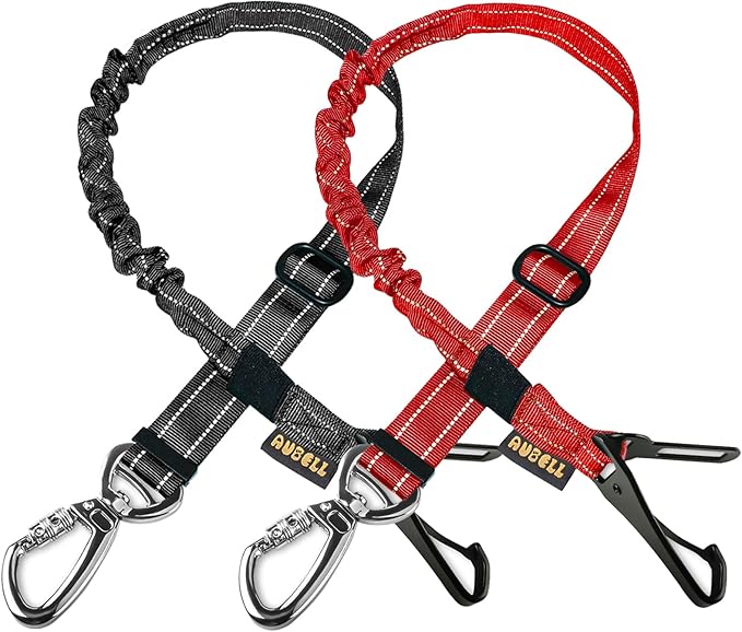 AUBELL Dog Seat Belt for Car,2 Pack Set 3-in-1 Adjustable Reflective Bungee Heavy Duty Dog Car Harness Tether with Clip Hook Latch & Buckle,Swivel Zinc Alloy Carabiner,Black+Red-PawvioPets