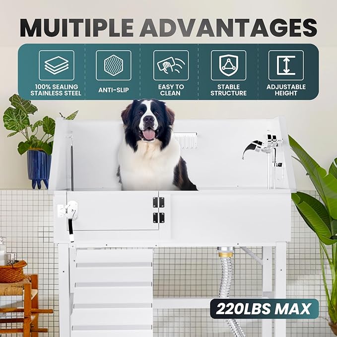Dog Washing Station for Home, 38" White Professional Stainless Steel Dog Grooming Tub, Height Adjustable Dog Bathing Station, Upgrade Parts, Dog Bath Tubs for Small & Medium Dogs(Left Ramp)-PawvioPets