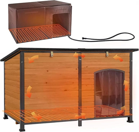 Aivituvin Extra Large Dog House Outdoor Heated Dog Kennel with Insulation Liner for Winter Strong Iron Frame Insulated Dog Cage with Heater,59"-PawvioPets