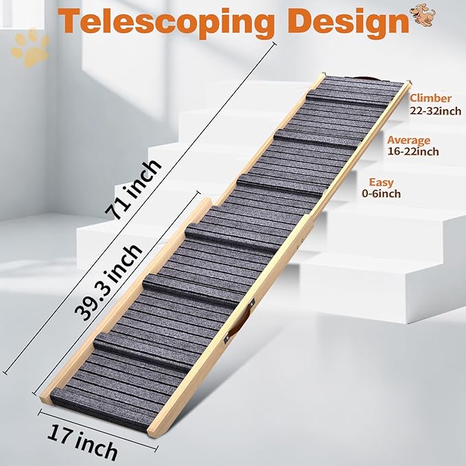 Dog Ramp for Car, 71''x 17'' Extra Long Deluxe Telescoping Design Wooden Pet Ramp, Pet Stair Ramps for Truck SUV with Non-Slip Surface, Portable Outdoor Dog Steps for Medium Large Dogs, Up to 250LBS-PawvioPets