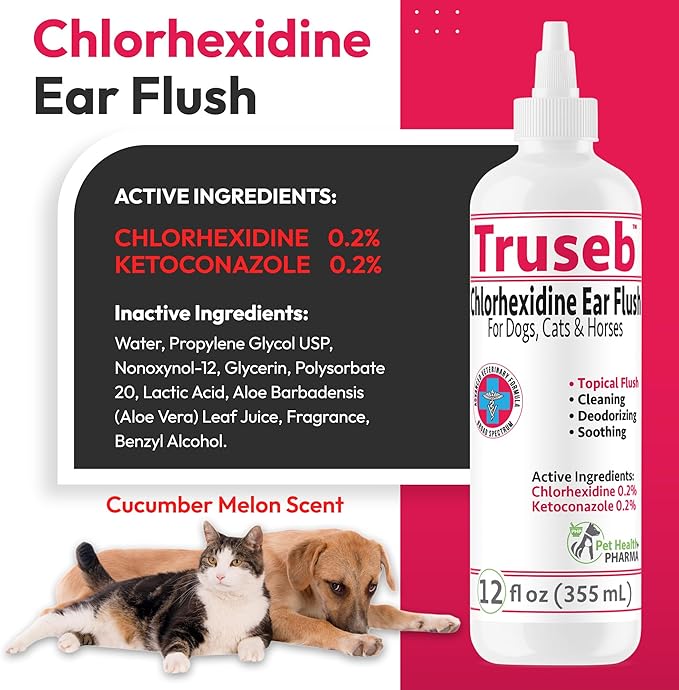 All Natural Ear Flush for Dogs & Cats, Ketoconazole & Chlorhexidine Ear and Vet-Strength Ear wash with a Light Scent (USA) (Ketoconazole & Chlorhexidine Ear Flush, 12 oz)-PawvioPets