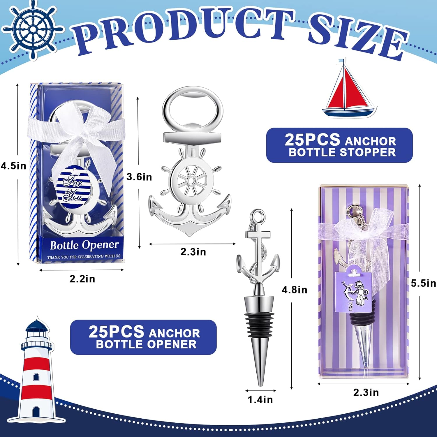 Zhehao 50 Pcs Anchor Bottle Stopper Bottle Opener Wine Bottle Stopper for Beach Nautical Themed Gifts Set Wedding Party Favors Bridal Baby Shower Decorations Holiday Birthday Souvenirs Guests, Silver