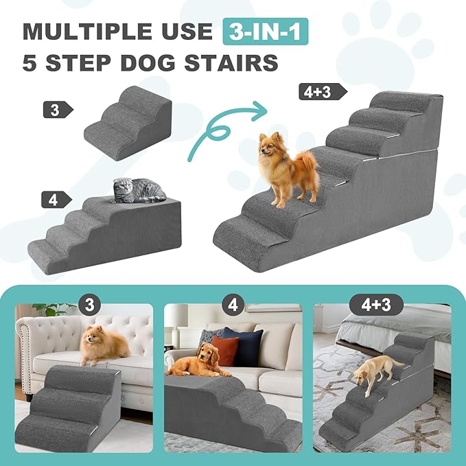 6-Step Dog Stairs for High Bed - 25.5" Adjustable Dog Ramps for Couch, Non-Slip Sturdy Pet Steps for Small Dogs, Washable Cover, Removable Modular Design, Dual 11” & 14.5” Steps for Custom Height-PawvioPets