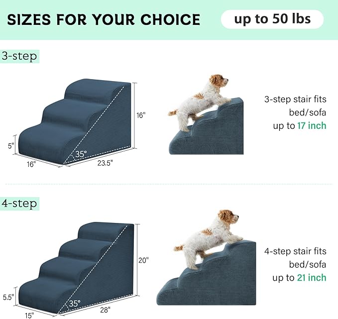 Dog Steps for Small Dogs, 3-Step Pet Ramp Stairs for High Beds and Sofa, Non-Slip Pet Stairs for Small Dogs and Cats, Removable and Easy to Clean Cover, Navy-PawvioPets