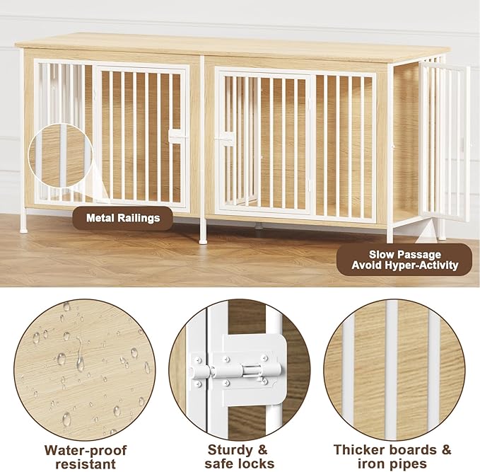 EasyCom 63" Dog Cage Furniture for 2 Pets with Divider, XL Wooden Double Dog Crate Furniture TV Stand for Mideum Breed, Durable and Sturdy-PawvioPets